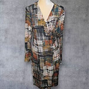 Women's Connected Apparel Metro Print Faux Wrap Dress With Pin Size 14
